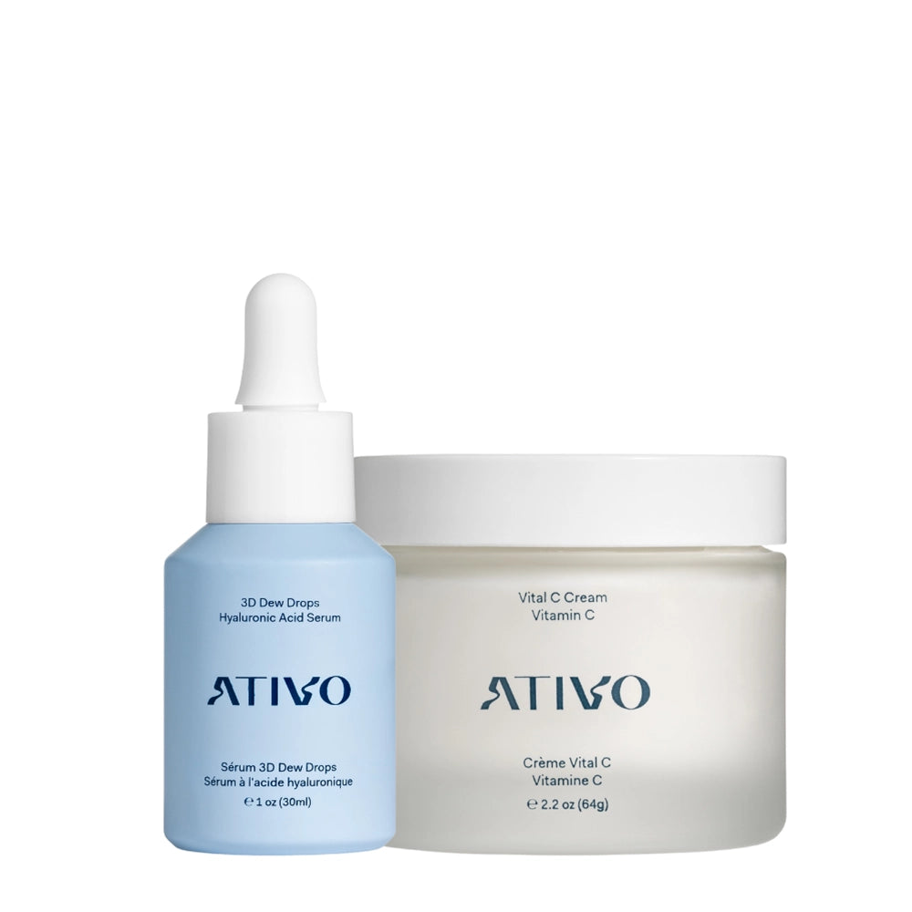 Hyaluronic Acid Serum and Vital C Cream on a white background