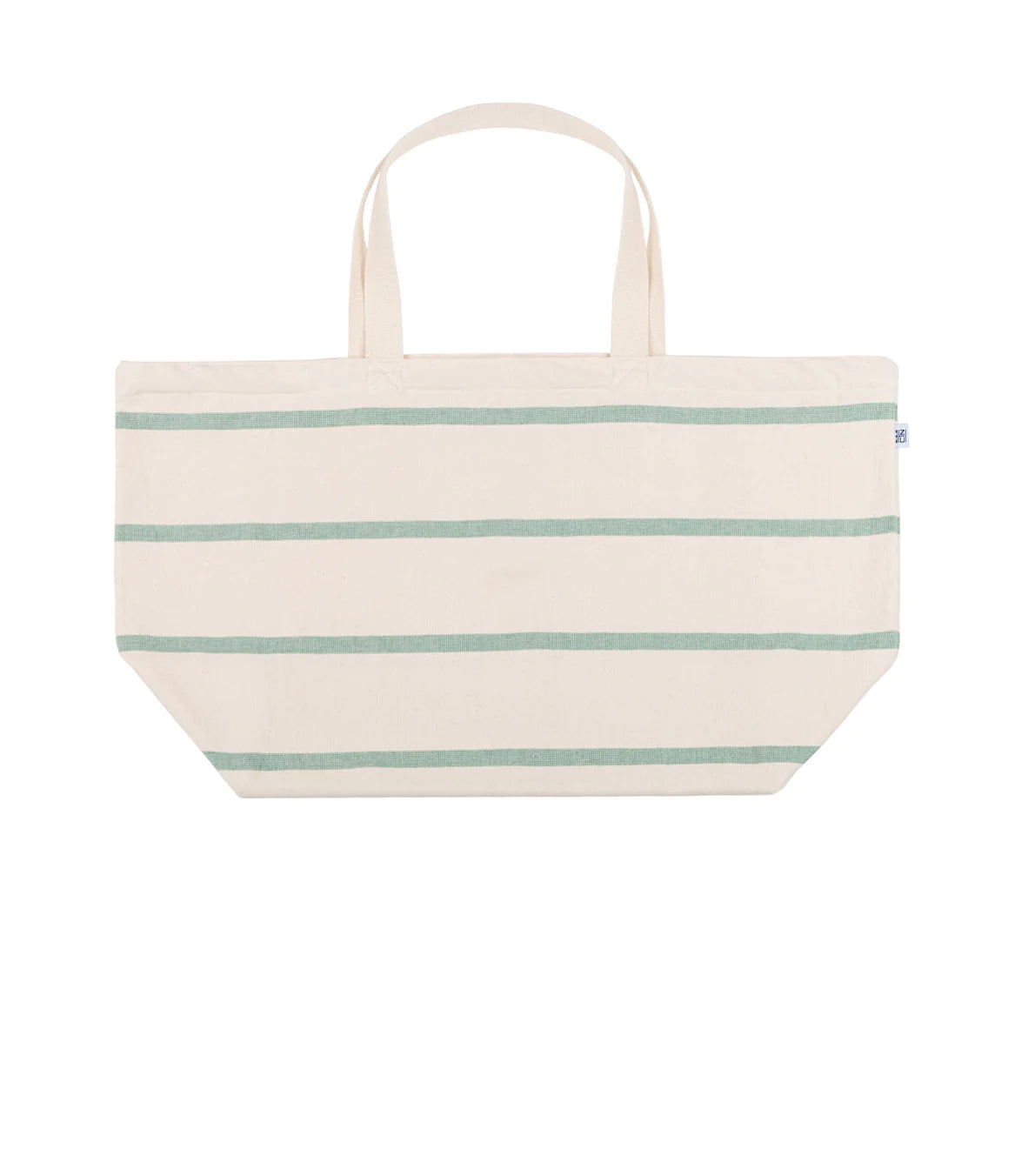 terry towel ivory and green stripe beach bag on white background