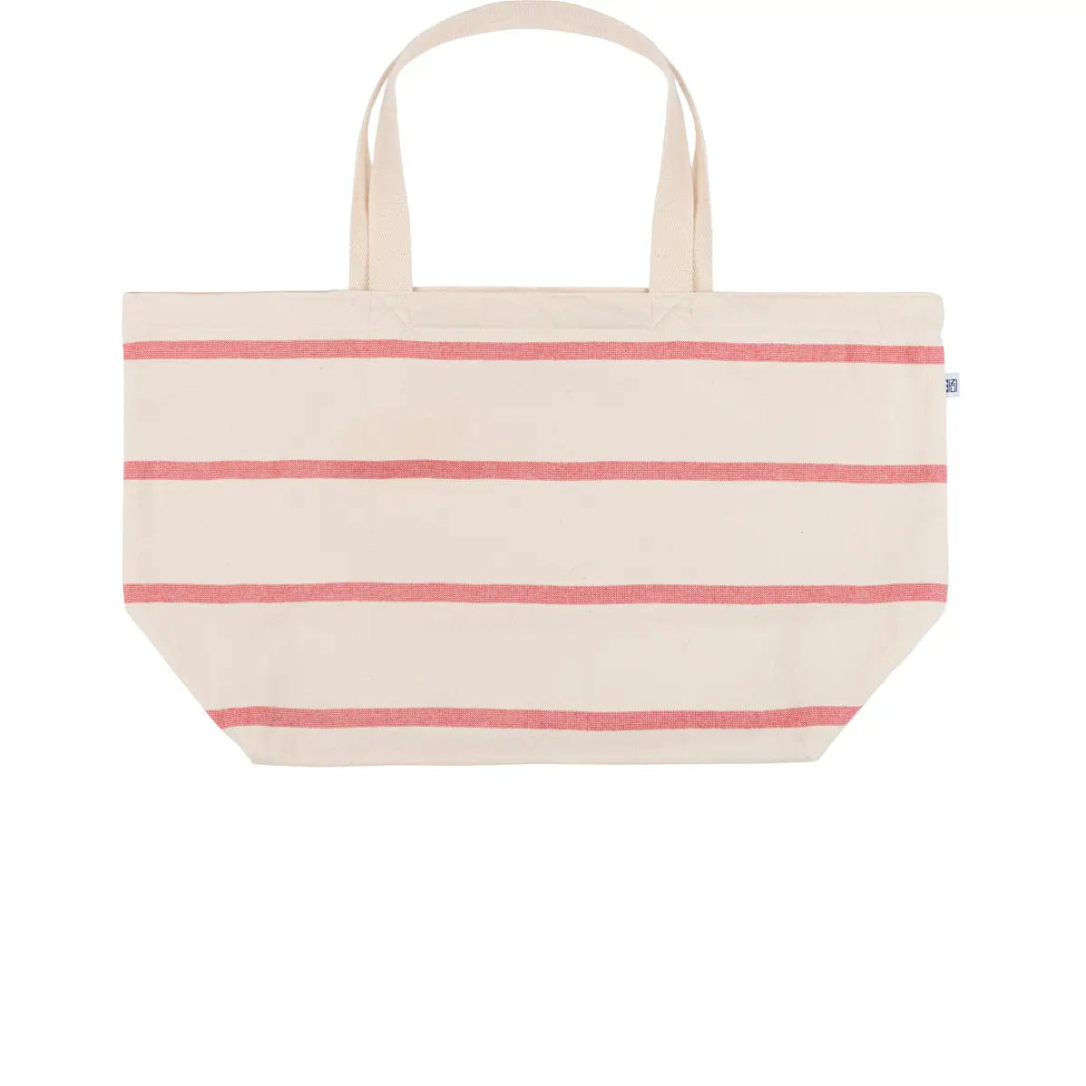 terry towel ivory and red stripe beach bag on white background
