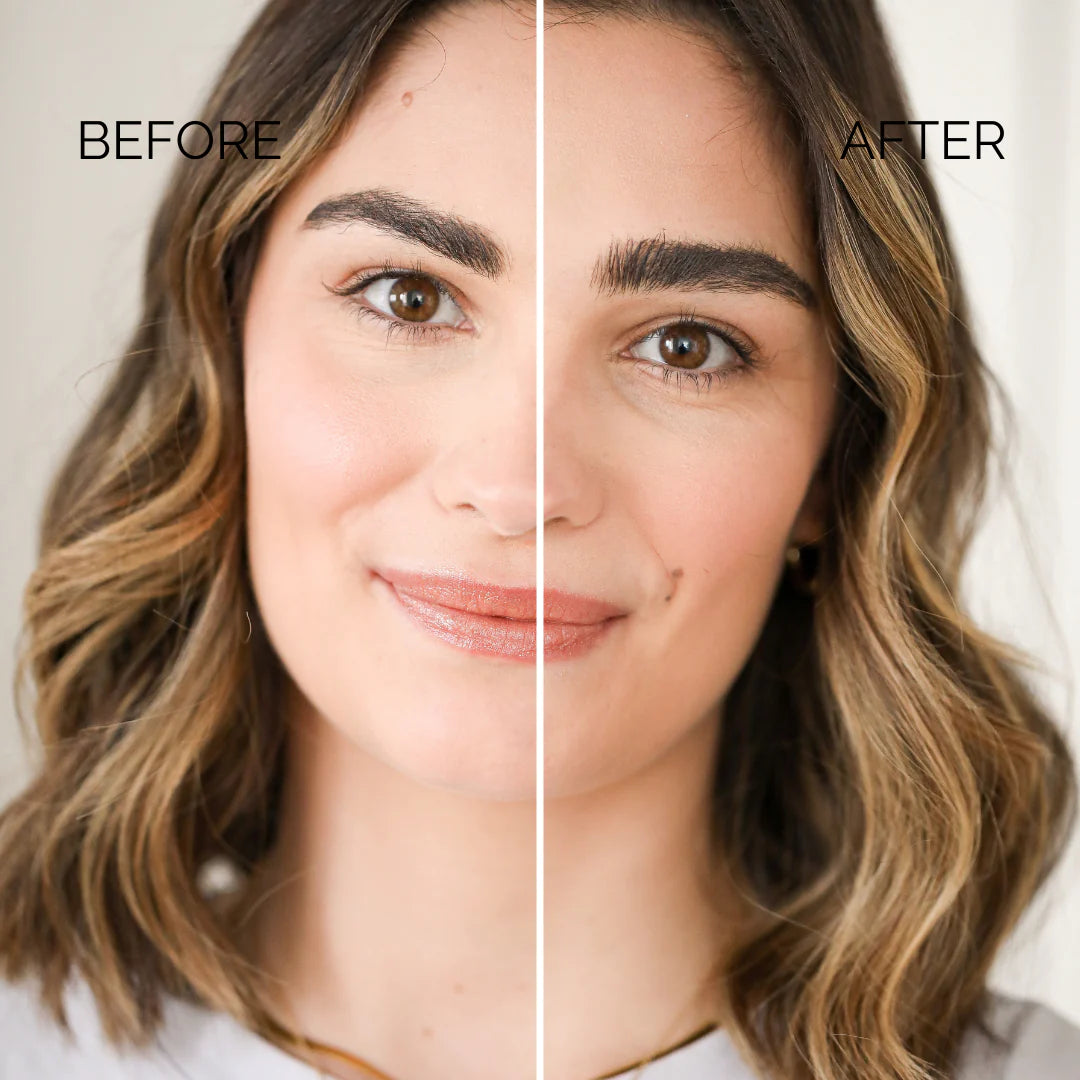 Woman showing before and affer brow gel side by side 