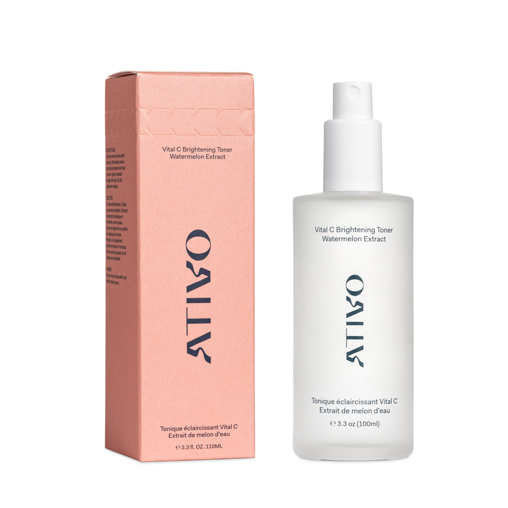 Vital C Brightening Toner and pink box on a white background