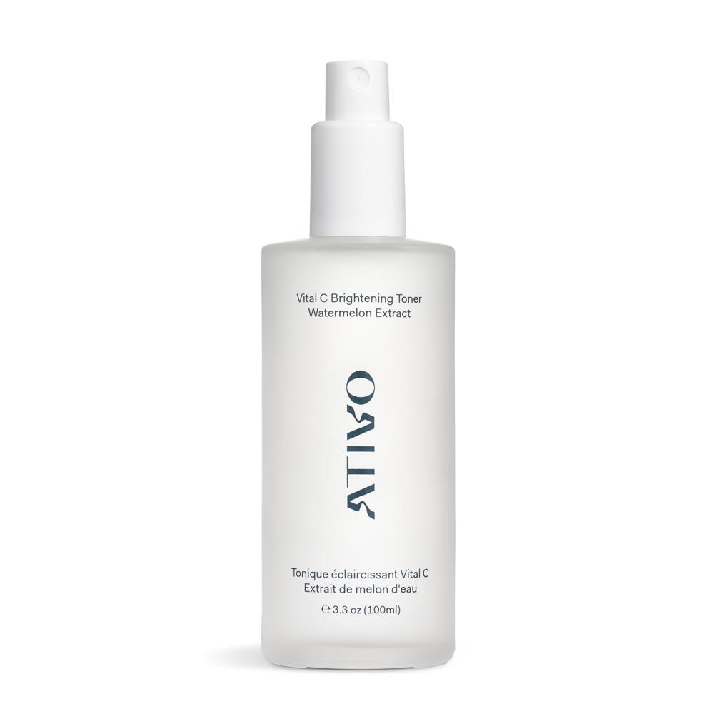 Vital c brightening toner with watermelon extract in a clear frosted bottle against a white background