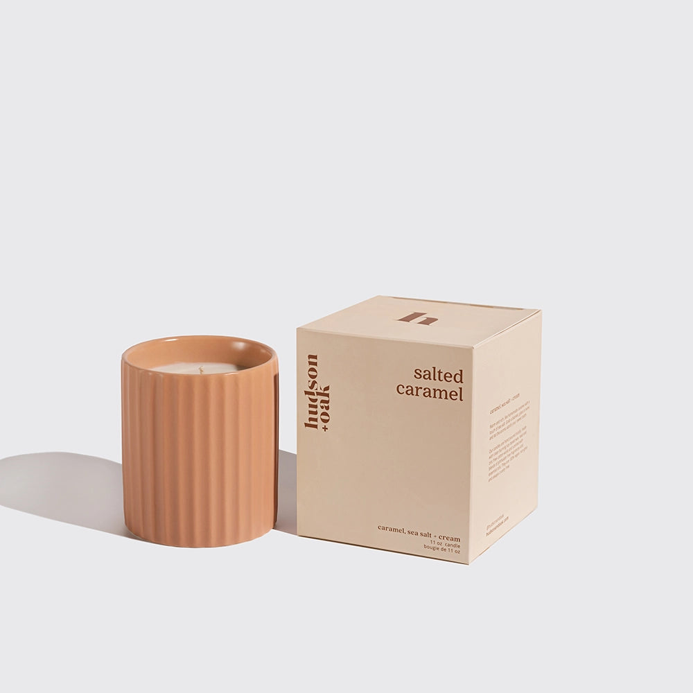 Salted Caramel Candle | Hudson &amp; Oak on a white background with box